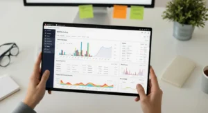 Home 12 SEO monitoring dashboard with keyword and traffic analytics on screen