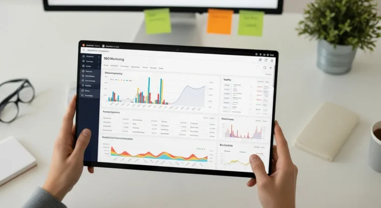 SEO monitoring dashboard with keyword and traffic analytics on screen